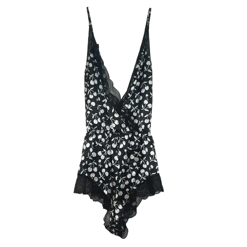 Victoria's Secret Black White Cherry Print Satin Lace Teddy Bodysuit Small